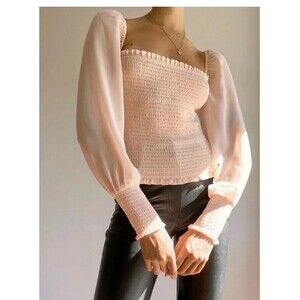 Aritzia Wilfred Blouse Light Ballet Pink Smocked Saga Long Sleeve Sheer Small